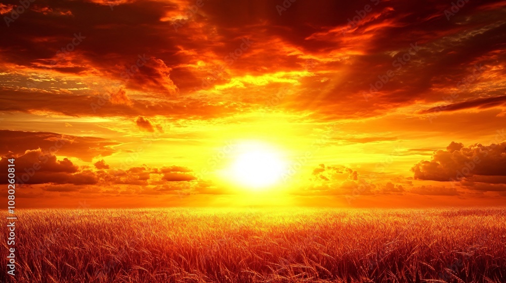 Poster golden sunset over a quiet rural field with tall grasses gently moving in the breeze with side empty