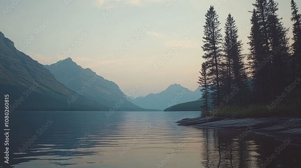 Poster Row of pine trees along a peaceful lake with still water and a mountain backdrop under a soft sky with side empty space for text Stockphoto style