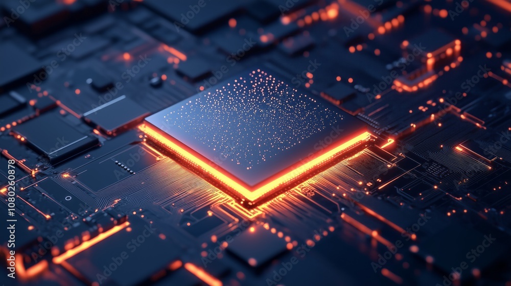 Poster a detailed view of a glowing microchip on a dark circuit board showcasing advanced technology and in