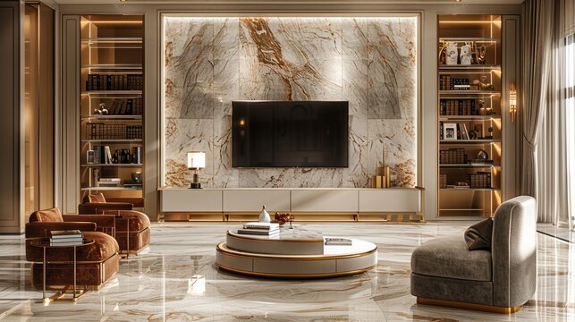 An luxurious tv unit, there will a light toned marble panel will be on the back of tv, there will be a platform which has drawers covered with the same marble.