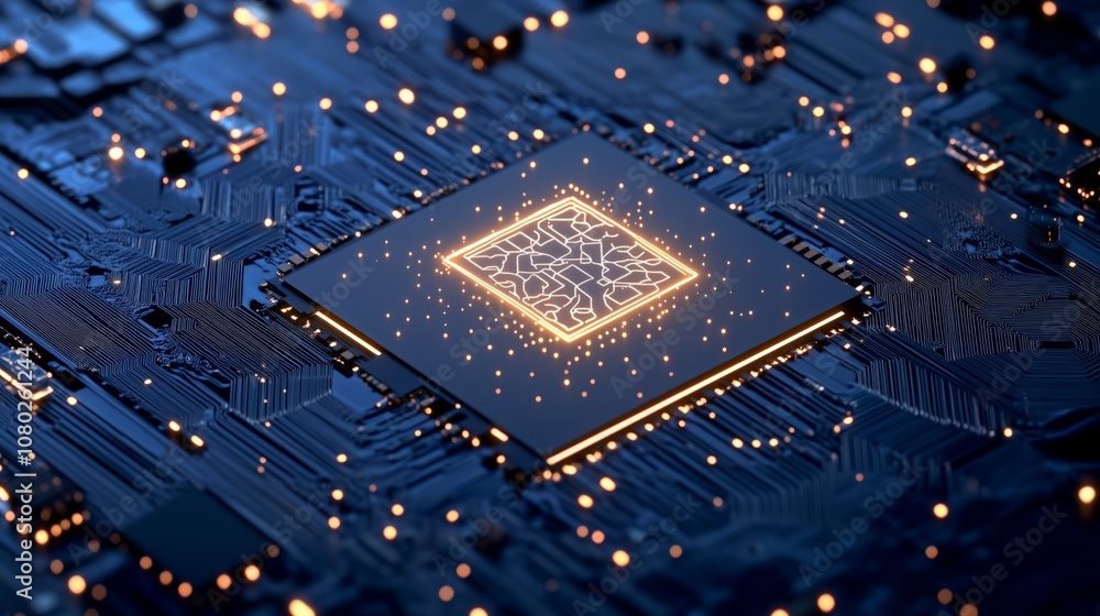Poster a close-up view of a glowing microchip on a circuit board showcasing advanced technology and intrica