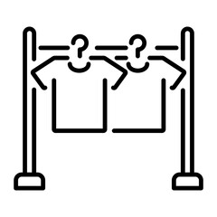 A linear icon of hanging clothes on a rack