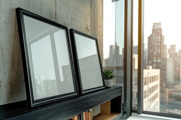 Picture frames on windowsill with city view	