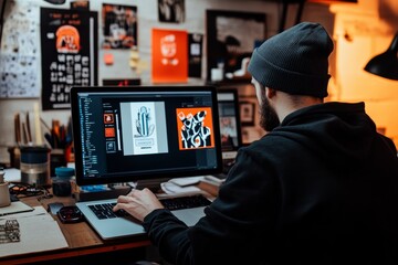 Graphic designer brainstorming logo concepts and color palettes in a vibrant creative studio