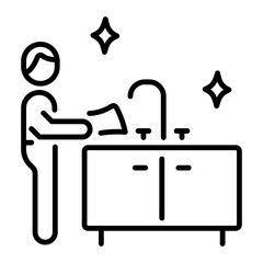 A linear icon of a person cleaning a kitchen sink