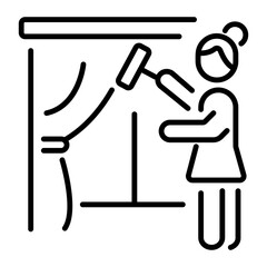 A linear icon of a person cleaning curtains with a brush
