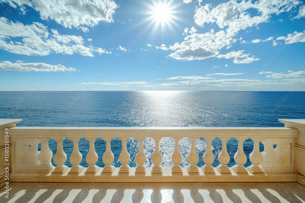 Poster a view of the ocean from a balcony with a railing and comfortable seating