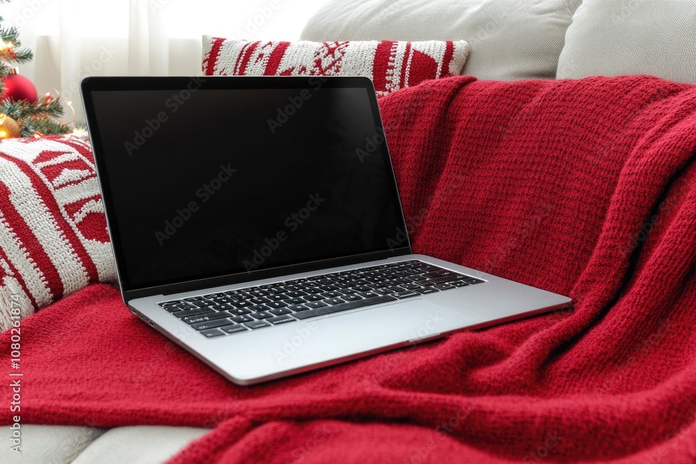 Poster a person's laptop computer sits on top of a white couch, ready for use