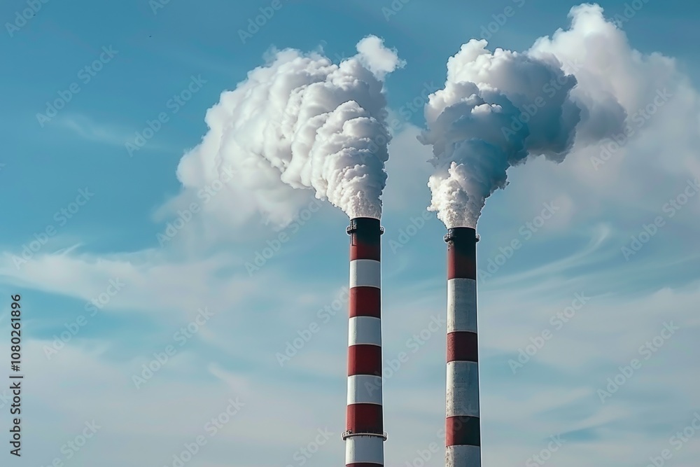 Poster two smoke stacks emitting from the rooftop of a building