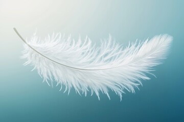Obraz premium White feather gracefully falling against a lite blue background. Generative Ai