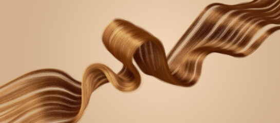 3d rendering. Silky healthy golden wavy hair strand isolated on beige background. Close-up of curly redhead hairpiece, hairy ribbon, chignon red hair extension clip art