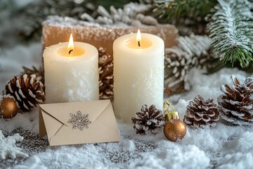 A card with two long white candles, Christmas decorations, and an envelope on the front of it