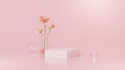 Background featuring an empty product display mockup with a pink backdrop and abstract geometric platforms designed for showcasing merchandise in landscape orientation.