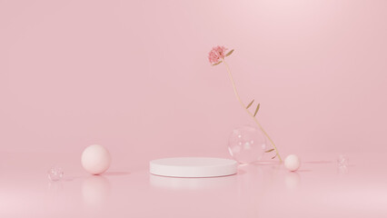 Background featuring an empty product display mockup with a pink backdrop and abstract geometric platforms designed for showcasing merchandise in landscape orientation.