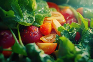 A fresh and healthy looking salad with tomatoes and mixed greens