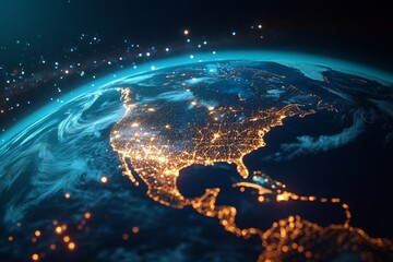 Abstract illustration of a globe highlighting north america in a creative photography style