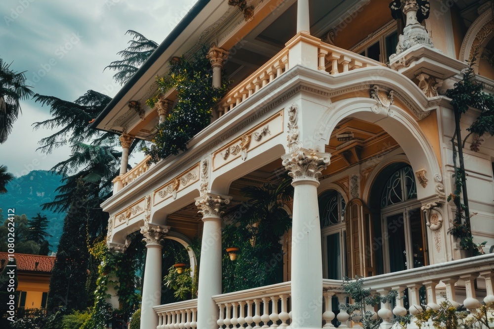 Poster a large white building with columns and a balcony, perfect for use in architecture or real estate se