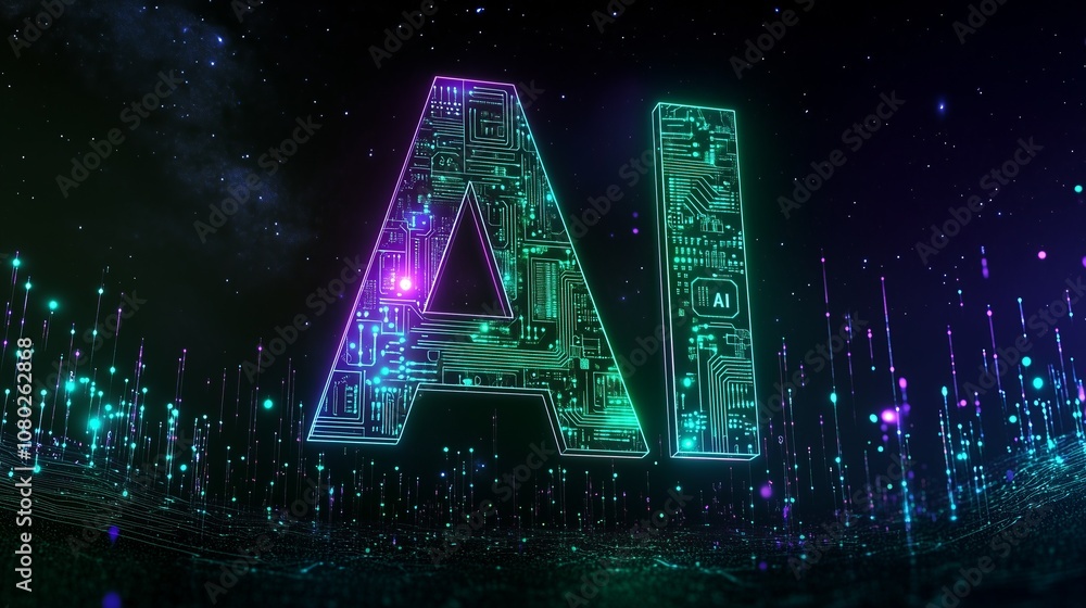 Poster vibrant digital representation of ai technology with glowing circuit patterns against a dark backgro