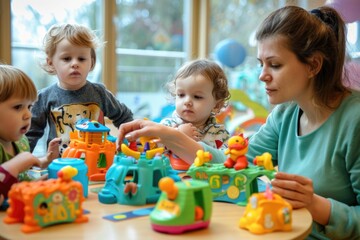 Fototapeta premium A woman engages in playful activities with young children at a table, providing a heartwarming and joyful atmosphere