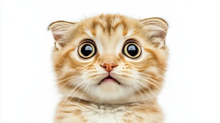 Close-up Portrait of Surprised Fold Kitten with Big Eyes, Isolated on a White Background.