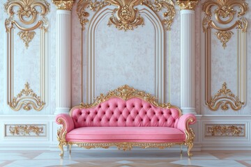 An extravagant pink sofa with luxurious gold accents is set against a richly decorated wall, blending elegance with opulence in a stately room.