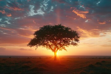 Obraz premium A solitary tree stands out against the vibrant colors of sunset