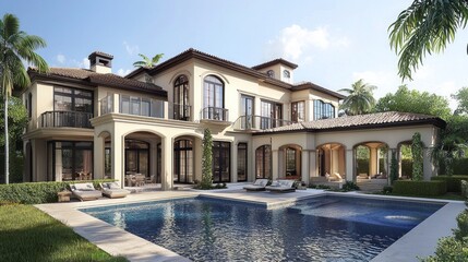 Fototapeta premium Luxury villa in a tropical setting featuring a spacious pool and elegant architecture on a sunny day