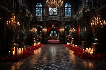 Fototapeta premium A grand, ornate entrance to a luxurious mansion, decorated with red flowers and lit by candlelight.
