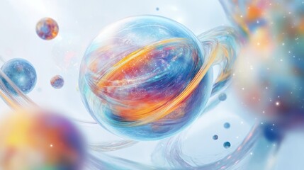 planet, featuring a translucent surface that reveals colorful layers beneath, symbolizing different quantum states.