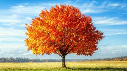 Naklejka premium A solitary tree with vivid orange leaves stands in a vast golden field under a bright blue sky, embodying the essence of autumn's beauty.
