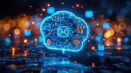 A blue chat bubble with multiple icons of an app, social media logo, and chart floating around it on a dark background.