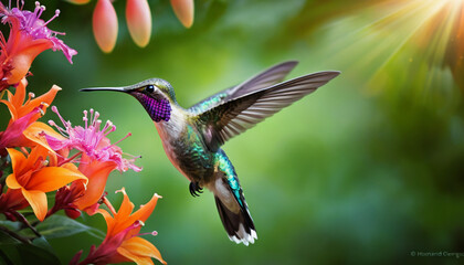 Naklejka premium Captivating Moments of Nature: Vibrant Hummingbirds Feeding on Tropical Flowers - A Celebration of Color, Beauty, and the Intricacies of Wildlife in a Lush Garden Setting