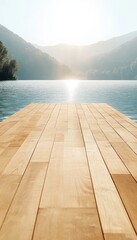 Empty Wooden Pier, Tranquil Lake View, Picturesque Mountain Landscape. Background for Product.