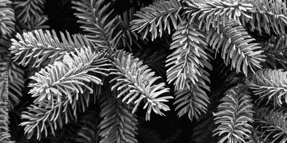 Poster a close-up shot of a single pine tree in black and white, highlighting the texture and shape of its 
