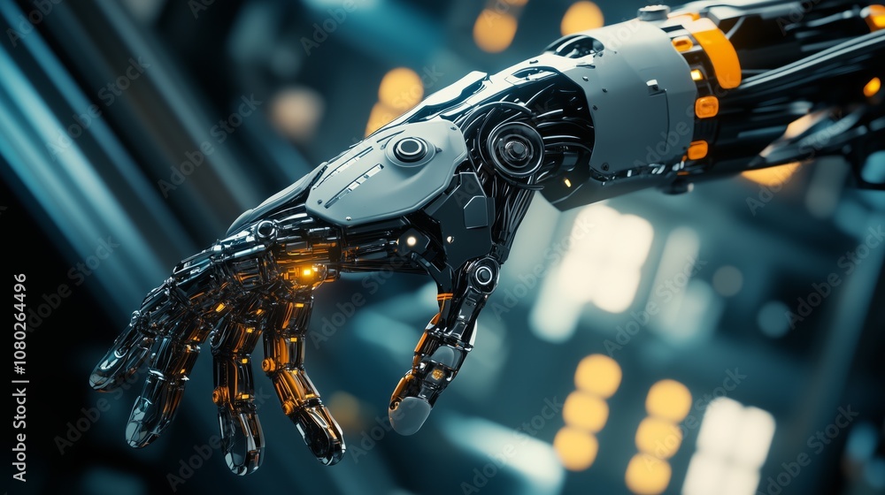 Poster a close-up view of a futuristic robotic hand showcasing intricate mechanical design and glowing elem