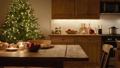 
Wood table with blurry christmas tree and fireplace background with copy space 507