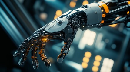 A close-up view of a futuristic robotic hand showcasing intricate mechanical design and glowing elements in a technology-focused environment