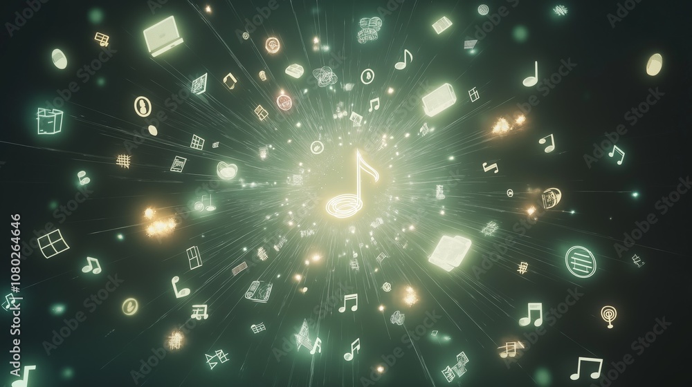 Aufkleber digital music explosion with glowing symbols in a futuristic multimedia universe of vibrant sound an