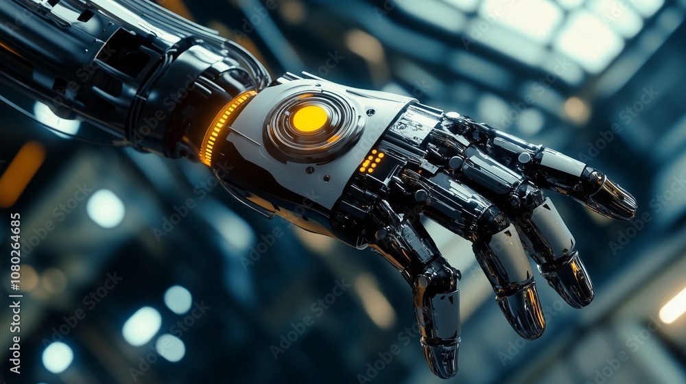 Poster a futuristic robotic hand extends into a high-tech environment, showcasing advanced technology and i