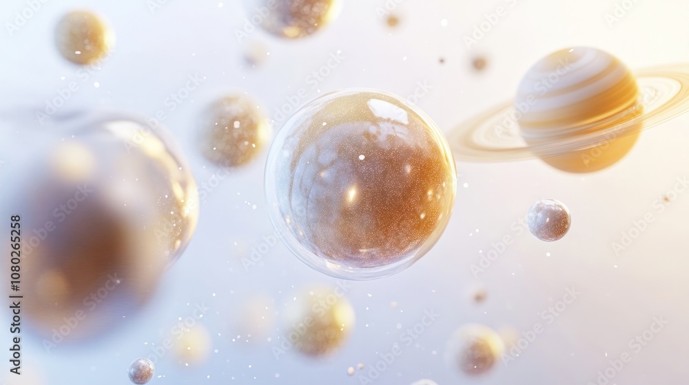 Poster solar system, featuring translucent planets in various sizes floating in a dynamic arrangement.