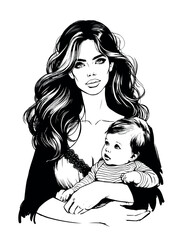 Illustration of Young beautiful mom holding child