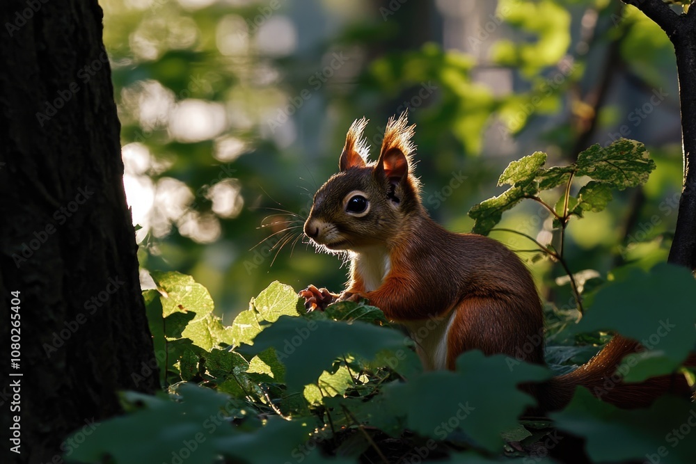 Poster a squirrel sits on a tree branch in a peaceful forest setting