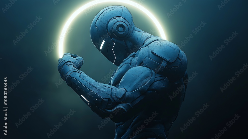 Poster futuristic robot with glowing orange circle, symbolizing power, advanced technology, and cybernetic 