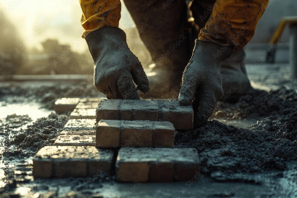 Poster a construction worker stacking bricks in a pile