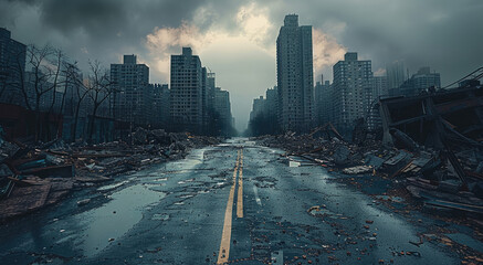 Dark, Post-apocalyptic cityscape with crumbling skyscrapers, ruins, debris, and haunting atmosphere; one lone road in the middle of a desolate scene.