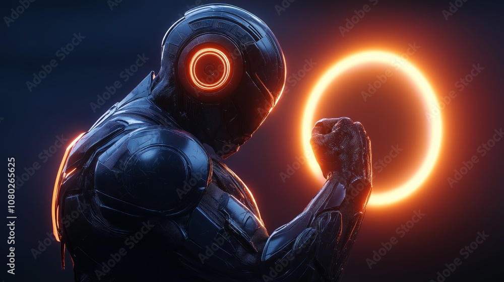Aufkleber futuristic robot with glowing orange circle, symbolizing power, advanced technology, and cybernetic 