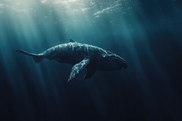 Fototapeta premium A humpback whale swimming in the open ocean, with its distinctive body shape and fins visible