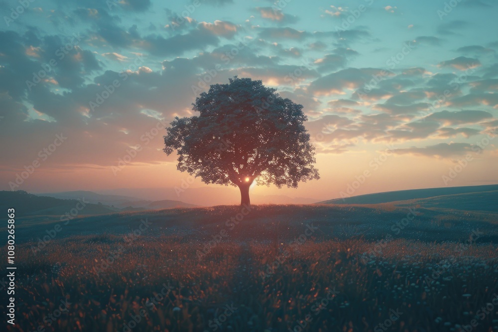 Poster a single tree stands tall in a field at sunset