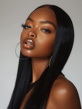 Luxury hair extension campaign, beautiful African American woman, floor-length pin-straight black hair with mirror-like shine, flawless makeup with full eyelashes and glossy lips, silver hoop earring.