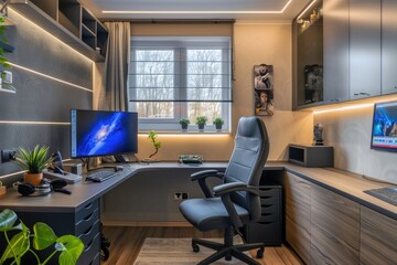 Modern Home Office with L-Shaped Desk and Comfortable Chair